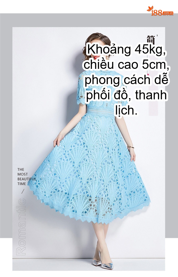 Váy Lưới Thêu Hoa Cổ Điển Pháp, Dáng Xòe, Chiều Dài Trung Bình, Màu Xanh Lam chi tiết 5