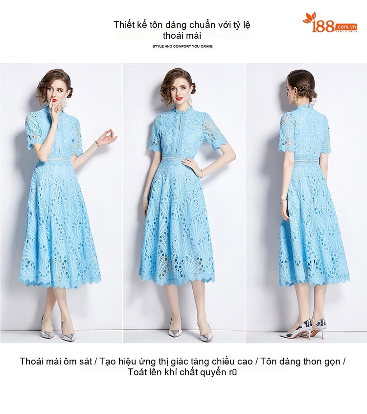 Váy Lưới Thêu Hoa Cổ Điển Pháp, Dáng Xòe, Chiều Dài Trung Bình, Màu Xanh Lam chi tiết 6