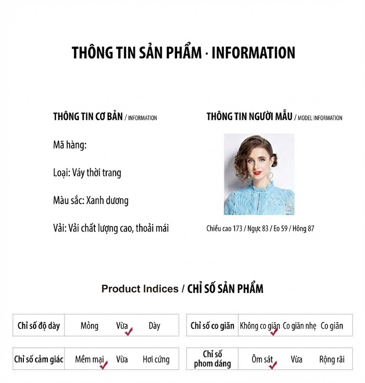Váy Lưới Thêu Hoa Cổ Điển Pháp, Dáng Xòe, Chiều Dài Trung Bình, Màu Xanh Lam chi tiết 9
