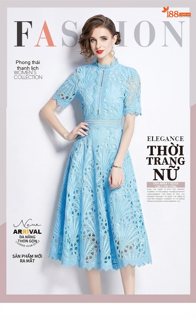 Váy Lưới Thêu Hoa Cổ Điển Pháp, Dáng Xòe, Chiều Dài Trung Bình, Màu Xanh Lam chi tiết 1