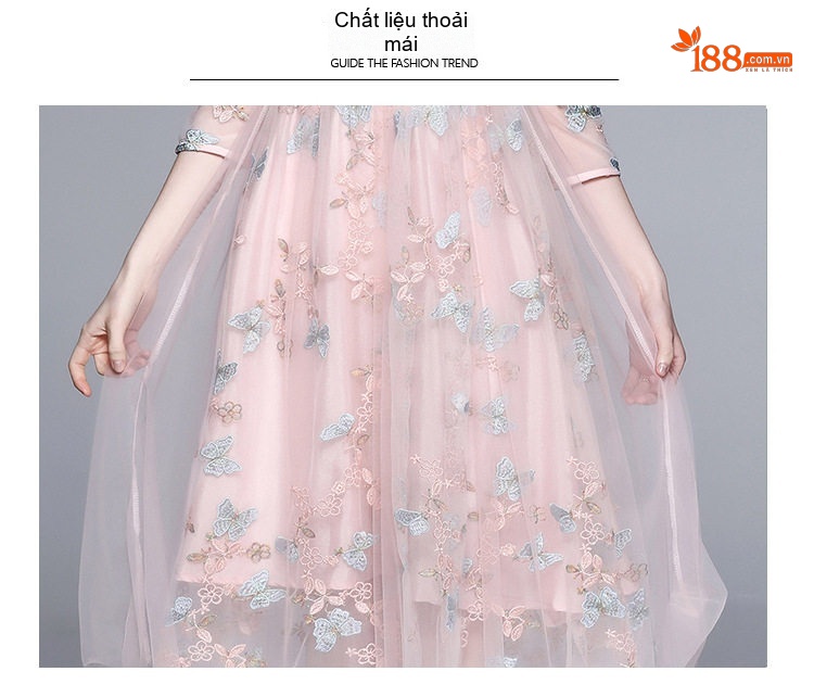 Váy Lưới Thêu Hoa Tay Lỡ dáng chữ A Chiều Dài Qua Gối Phong Cách Tiểu Thư Màu Hồng chi tiết 8