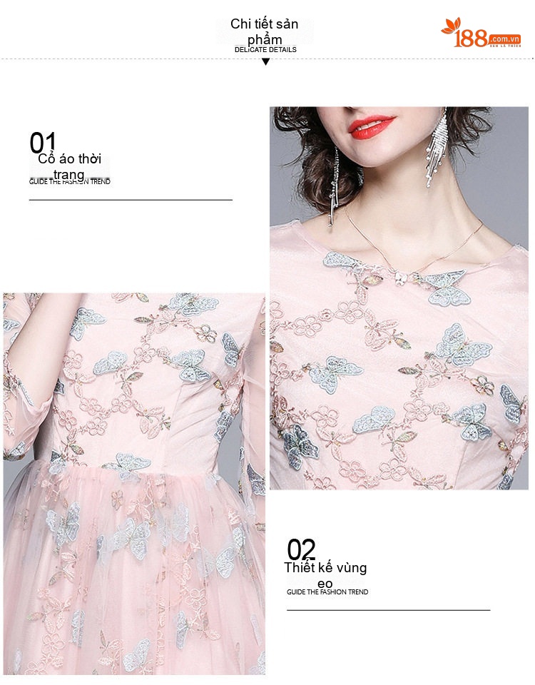Váy Lưới Thêu Hoa Tay Lỡ dáng chữ A Chiều Dài Qua Gối Phong Cách Tiểu Thư Màu Hồng chi tiết 9