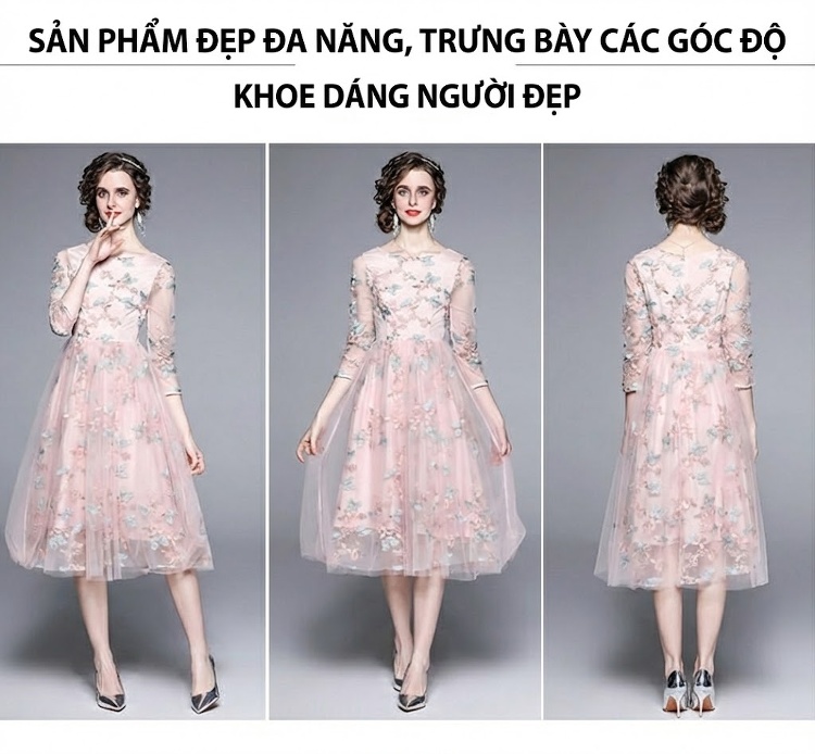Váy Lưới Thêu Hoa Tay Lỡ dáng chữ A Chiều Dài Qua Gối Phong Cách Tiểu Thư Màu Hồng chi tiết 11