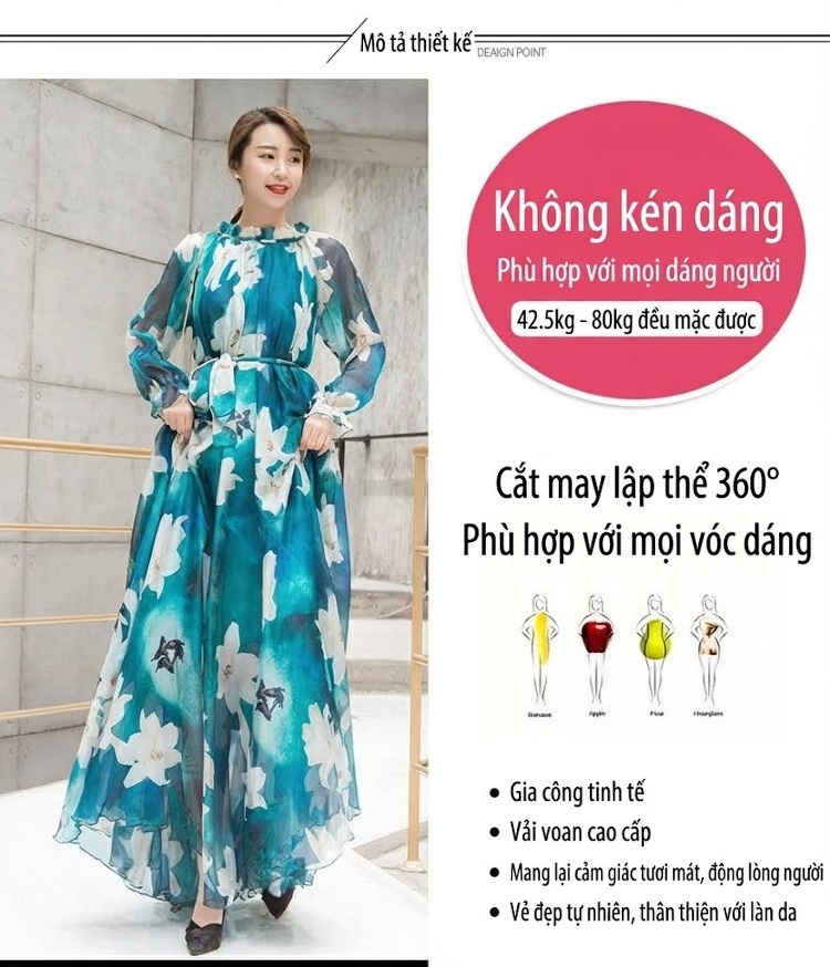 Váy Maxi Dài Tay Phong Cách Bohemian Họa Tiết Hoa, Thiết Kế Tôn Dáng Màu Xanh, Trắng chi tiết 2