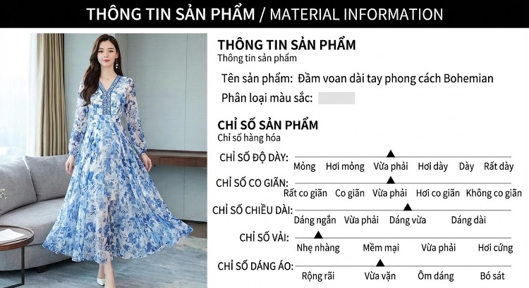 Váy Maxi Dài Tay Phong Cách Bohemian Họa Tiết Hoa, Thiết Kế Tôn Dáng Màu Xanh, Trắng chi tiết 3