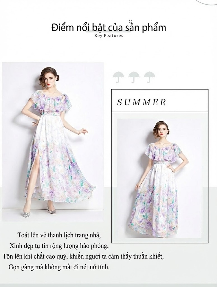 Váy Maxi Hở Vai Bèo Nhún Eo Thun Họa Tiết Hoa Nhí Đi Biển chi tiết 1
