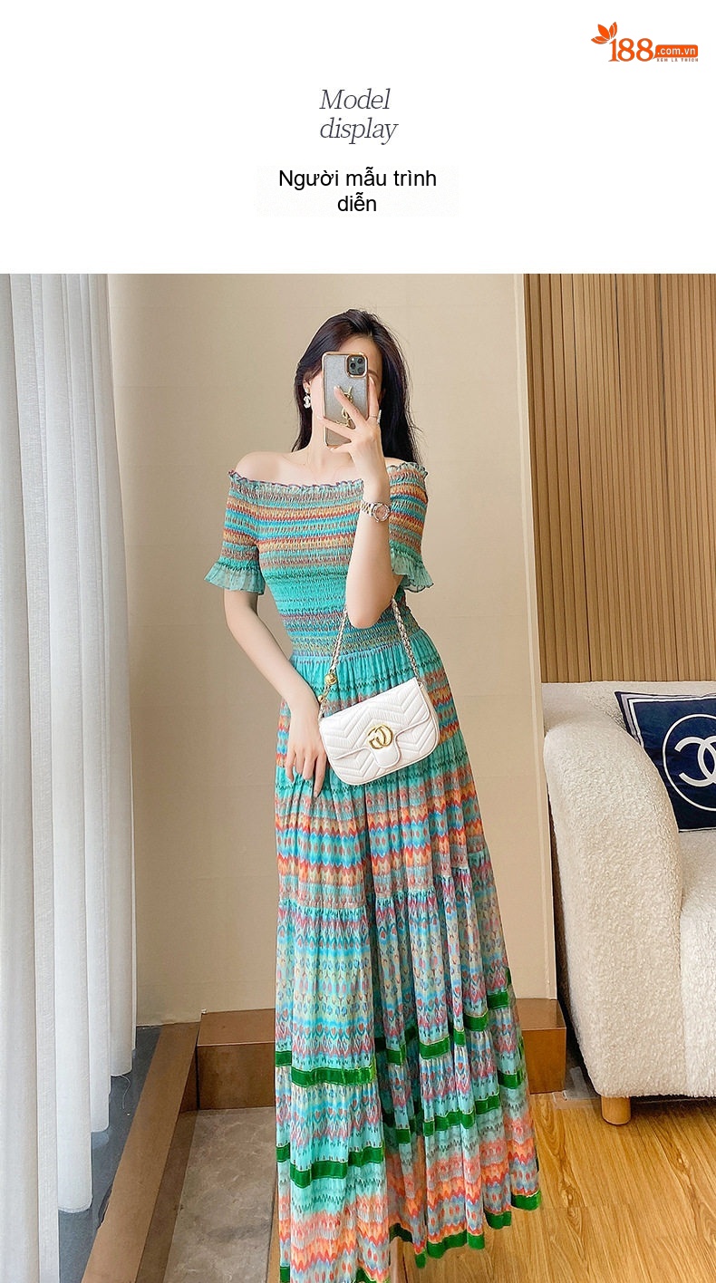 Váy Maxi Hở Vai Phong Cách Bohemian Quyến Rũ Màu Xanh, Cam, Trắng chi tiết 8