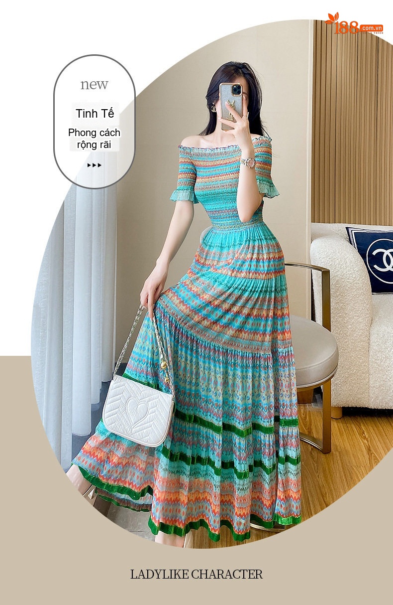 Váy Maxi Hở Vai Phong Cách Bohemian Quyến Rũ Màu Xanh, Cam, Trắng chi tiết 3