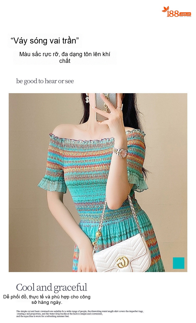 Váy Maxi Hở Vai Phong Cách Bohemian Quyến Rũ Màu Xanh, Cam, Trắng chi tiết 4