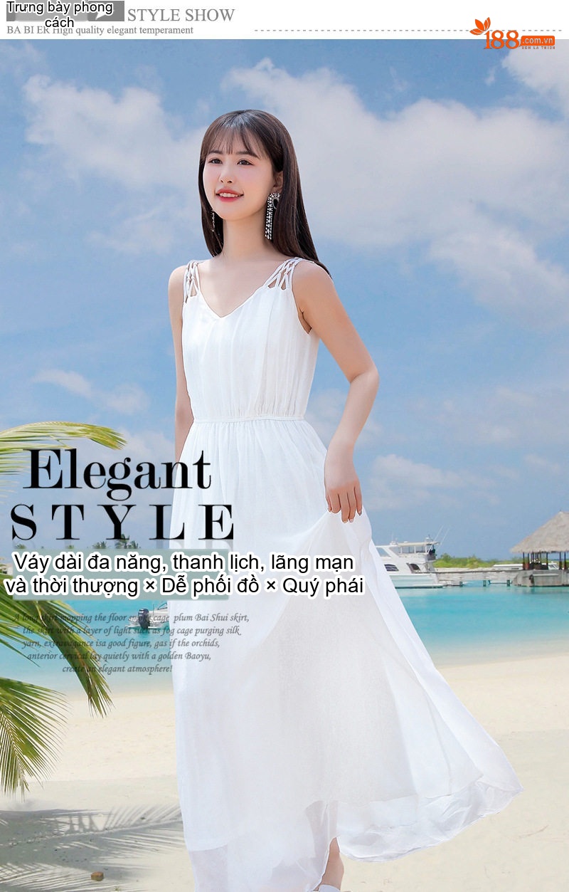 Váy Maxi Lụa Tơ Tằm V Cổ Thắt Eo Bohemian Đi Biển Màu Trắng, Hồng, Xanh, Tím... chi tiết 3