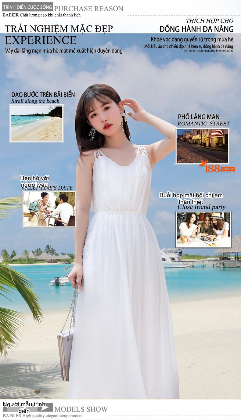 Váy Maxi Lụa Tơ Tằm V Cổ Thắt Eo Bohemian Đi Biển Màu Trắng, Hồng, Xanh, Tím... chi tiết 5