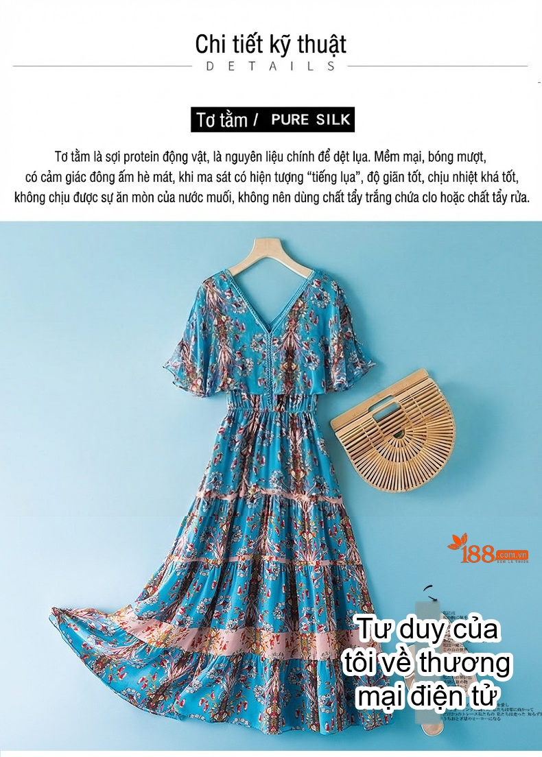 Váy Maxi Nữ Chân Váy Dài Tay Loe Cổ chữ V Thắt Eo Chun Chất Liệu 真丝 Màu Hồng, Xanh, Vàng chi tiết 12