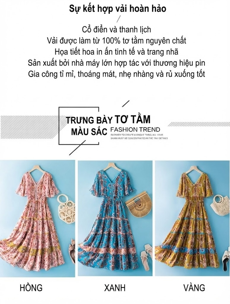 Váy Maxi Nữ Chân Váy Dài Tay Loe Cổ chữ V Thắt Eo Chun Chất Liệu 真丝 Màu Hồng, Xanh, Vàng chi tiết 3