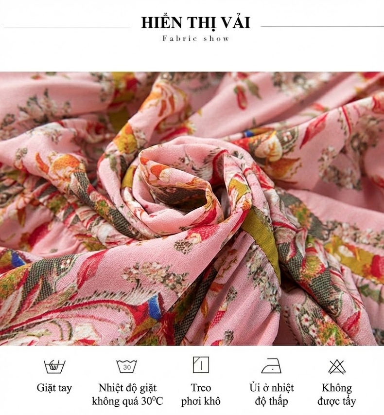 Váy Maxi Nữ Chân Váy Dài Tay Loe Cổ chữ V Thắt Eo Chun Chất Liệu 真丝 Màu Hồng, Xanh, Vàng chi tiết 4