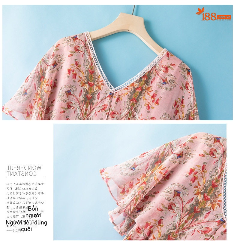 Váy Maxi Nữ Chân Váy Dài Tay Loe Cổ chữ V Thắt Eo Chun Chất Liệu 真丝 Màu Hồng, Xanh, Vàng chi tiết 10