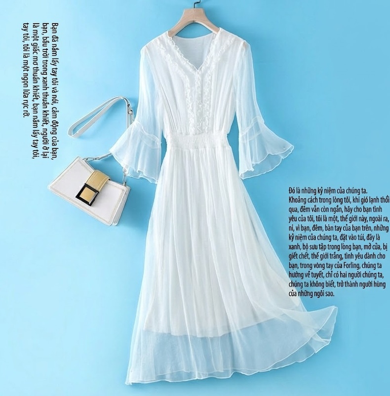 Váy Maxi Nữ Dáng Dài Bohemian Chiết Eo Tôn Dáng Chất Liệu 真丝 (Lụa) Màu Đỏ, Trắng, Đen chi tiết 1