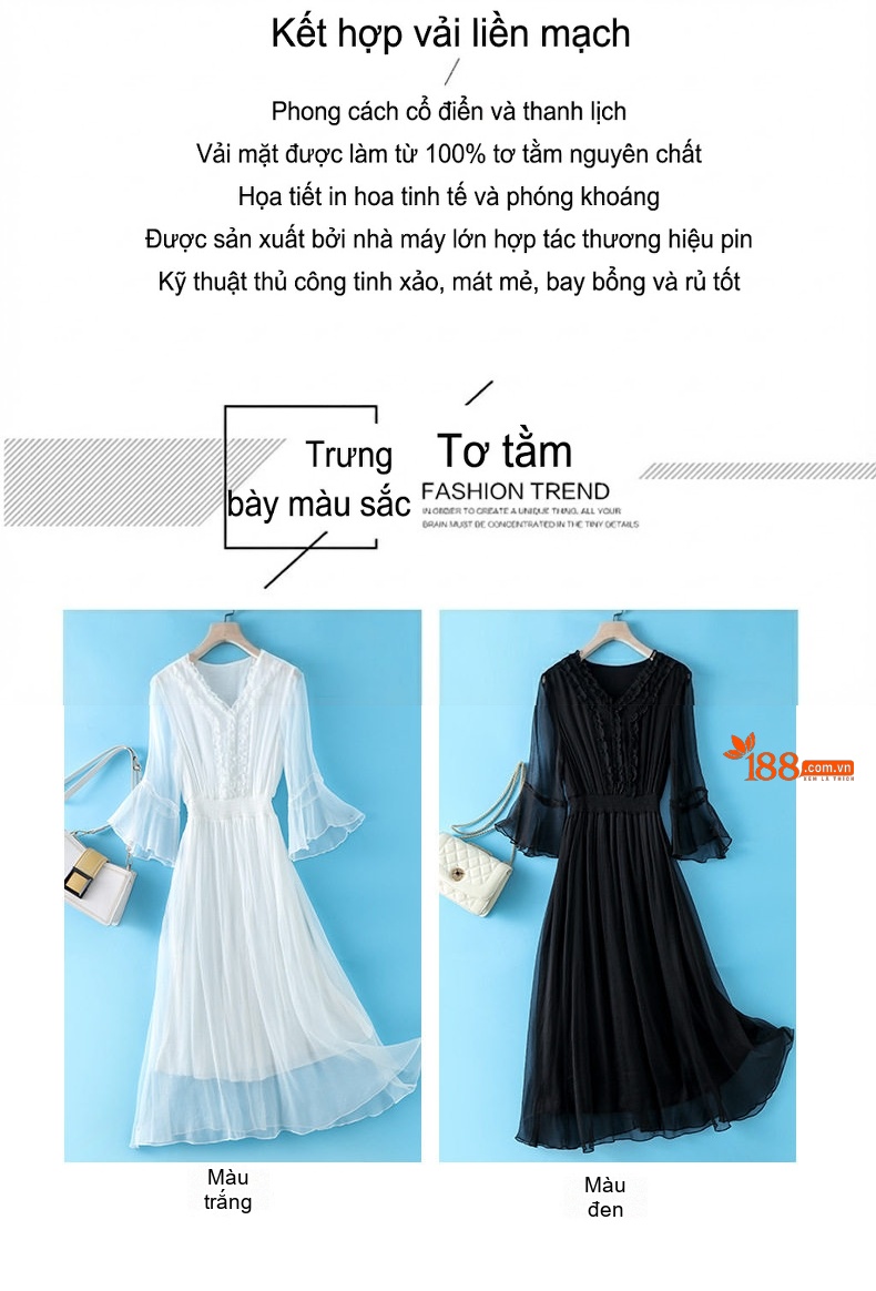 Váy Maxi Nữ Dáng Dài Bohemian Chiết Eo Tôn Dáng Chất Liệu 真丝 (Lụa) Màu Đỏ, Trắng, Đen chi tiết 3