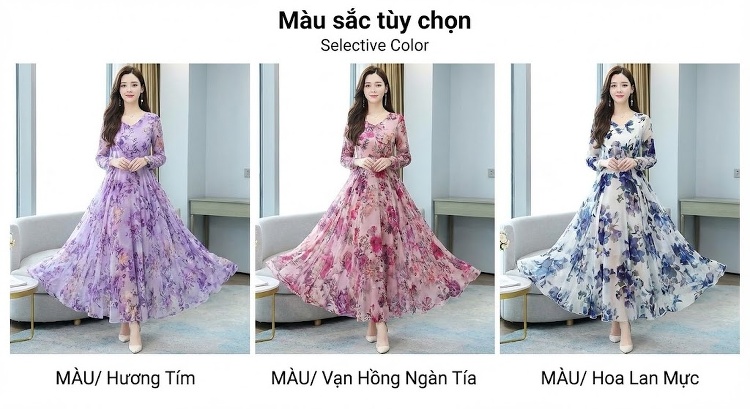 Váy Maxi Nữ Dáng Dài Không Tay Họa Tiết Hoa, Che Bụng Chất Liệu Voan Màu Xanh Dương, Tím chi tiết 10