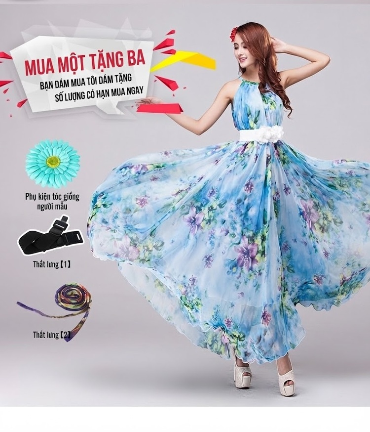 Váy Maxi Nữ Dáng Dài Không Tay Họa Tiết Hoa, Che Bụng Chất Liệu Voan Màu Xanh Dương, Tím