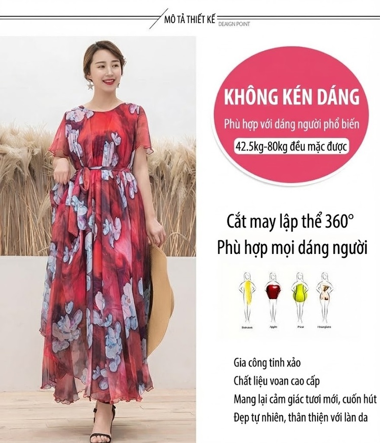 Váy Maxi Nữ Dáng Dài Tay Bồng Cổ Nơ Phong Cách Bohemian Họa Tiết Hoa Màu Đỏ, Xanh chi tiết 2