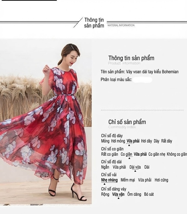 Váy Maxi Nữ Dáng Dài Tay Bồng Cổ Nơ Phong Cách Bohemian Họa Tiết Hoa Màu Đỏ, Xanh chi tiết 3