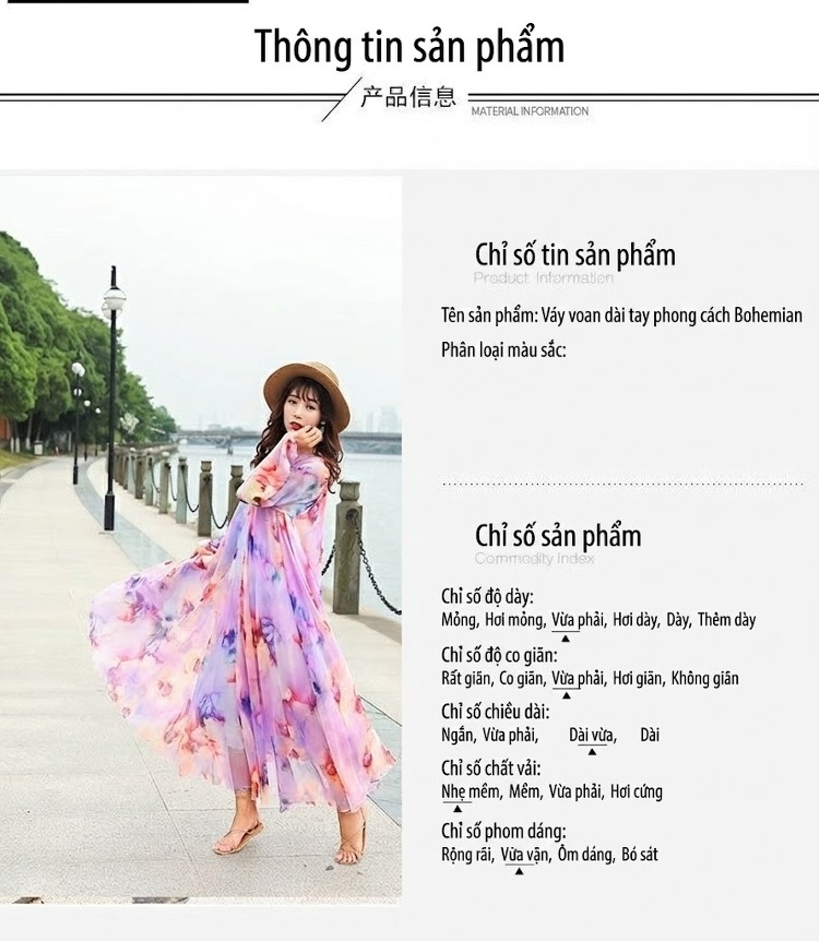 Váy Maxi Nữ Dáng Dài Tay Dài Cổ Tròn Chất Liệu Gấm Nhăn Họa Tiết Bohemian Màu Tím, Hồng, Cam... chi tiết 3