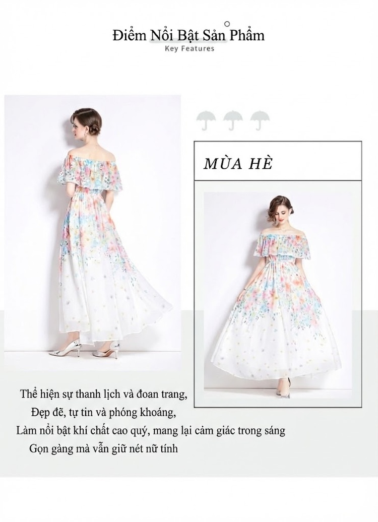 Váy Maxi Nữ Hở Vai Bèo Nhún Eo Thun Xòe Rộng Xẻ Tà Chất Liệu Voan Họa Tiết Hoa chi tiết 1