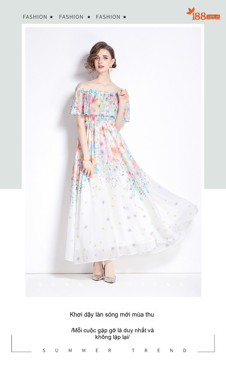 Váy Maxi Nữ Hở Vai Bèo Nhún Eo Thun Xòe Rộng Xẻ Tà Chất Liệu Voan Họa Tiết Hoa chi tiết 2