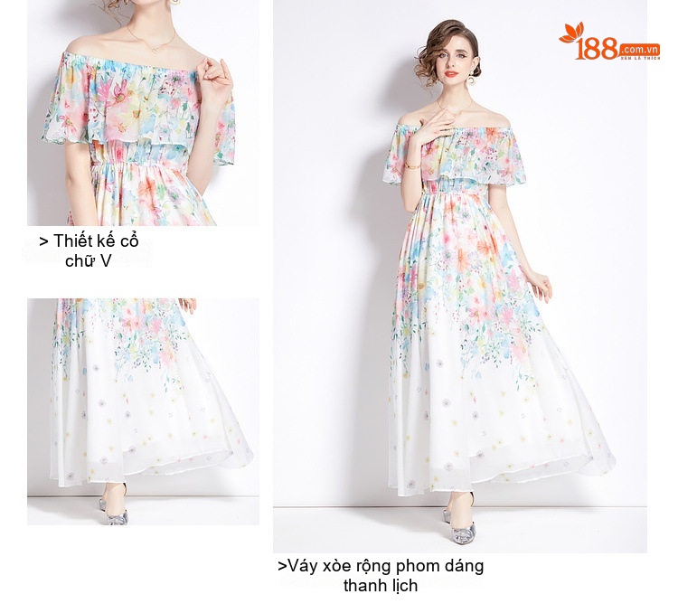 Váy Maxi Nữ Hở Vai Bèo Nhún Eo Thun Xòe Rộng Xẻ Tà Chất Liệu Voan Họa Tiết Hoa chi tiết 3