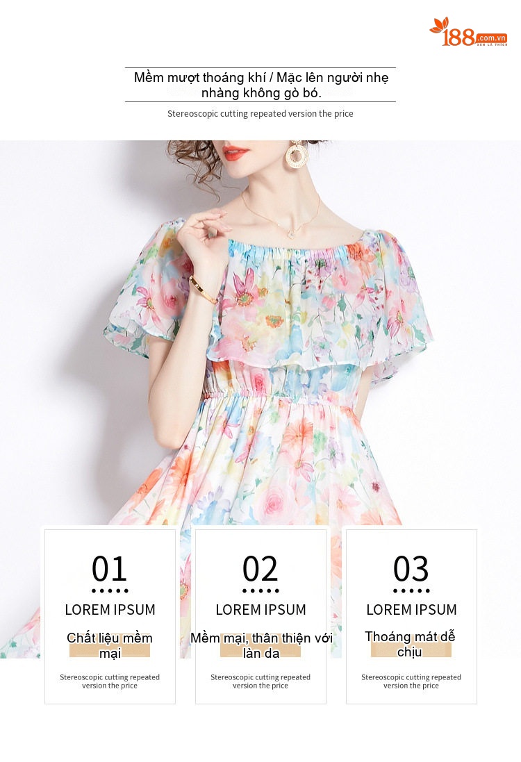 Váy Maxi Nữ Hở Vai Bèo Nhún Eo Thun Xòe Rộng Xẻ Tà Chất Liệu Voan Họa Tiết Hoa chi tiết 4