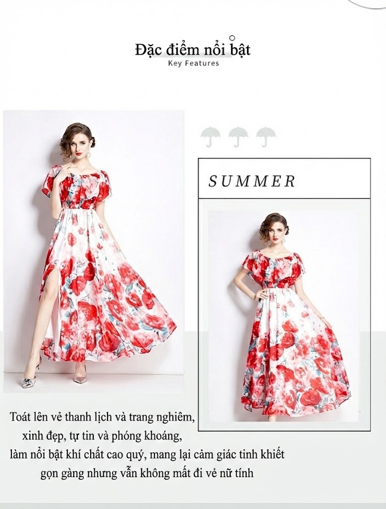 Váy Maxi Nữ Hở Vai Bèo Nhún Xẻ Tà Chất Liệu Voan Lụa Họa Tiết Hoa chi tiết 1
