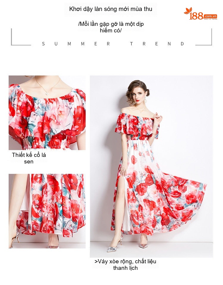 Váy Maxi Nữ Hở Vai Bèo Nhún Xẻ Tà Chất Liệu Voan Lụa Họa Tiết Hoa chi tiết 3