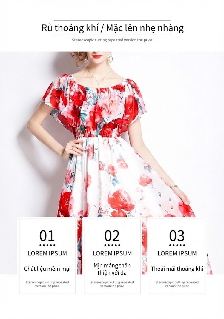 Váy Maxi Nữ Hở Vai Bèo Nhún Xẻ Tà Chất Liệu Voan Lụa Họa Tiết Hoa chi tiết 4
