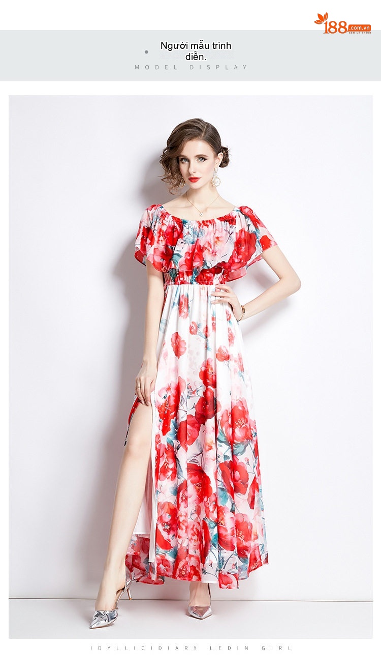 Váy Maxi Nữ Hở Vai Bèo Nhún Xẻ Tà Chất Liệu Voan Lụa Họa Tiết Hoa chi tiết 10