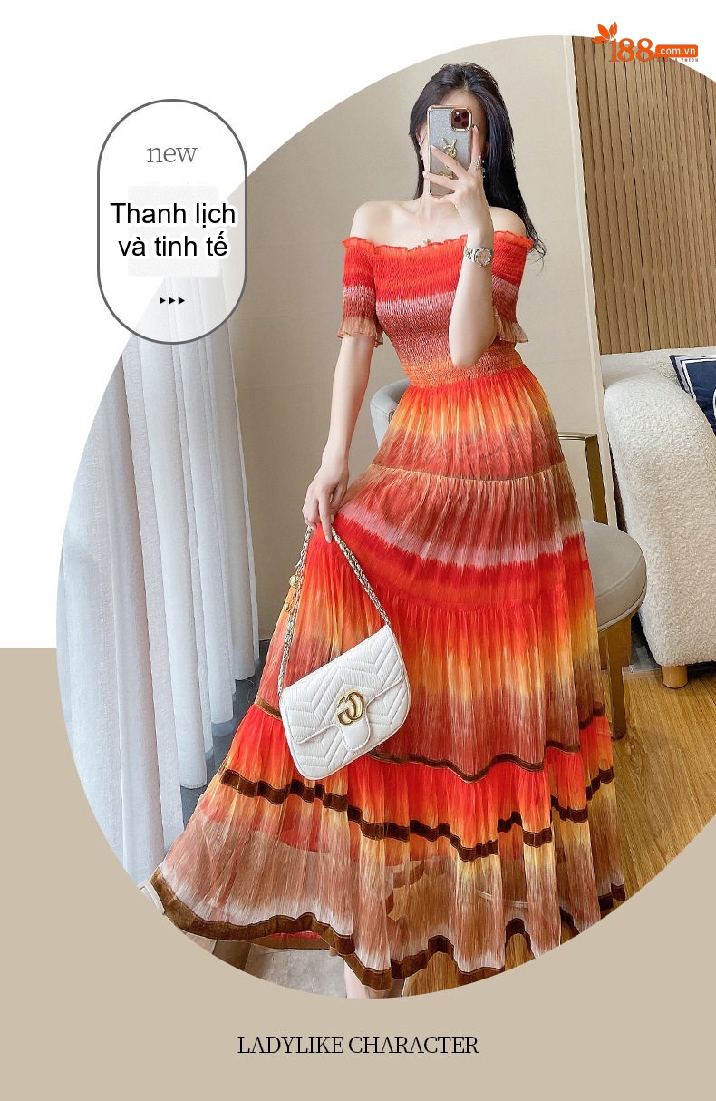 Váy Maxi Nữ Hở Vai Lưới Mềm Mại Phong Cách Sexy Tiên Nữ Đi Biển Màu Cam, Nâu chi tiết 3