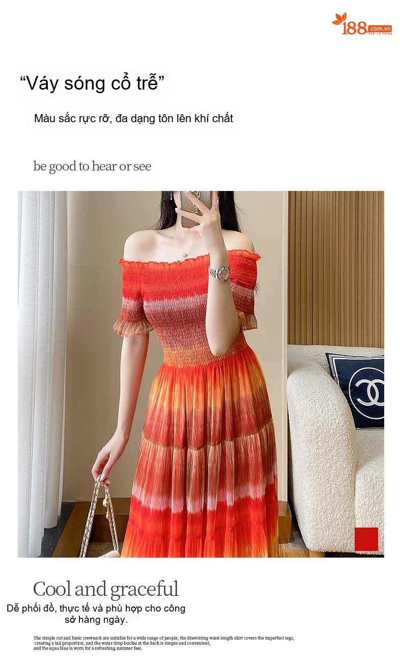 Váy Maxi Nữ Hở Vai Lưới Mềm Mại Phong Cách Sexy Tiên Nữ Đi Biển Màu Cam, Nâu chi tiết 4
