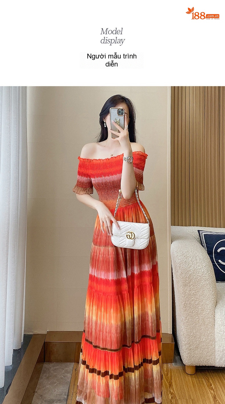 Váy Maxi Nữ Hở Vai Lưới Mềm Mại Phong Cách Sexy Tiên Nữ Đi Biển Màu Cam, Nâu chi tiết 7