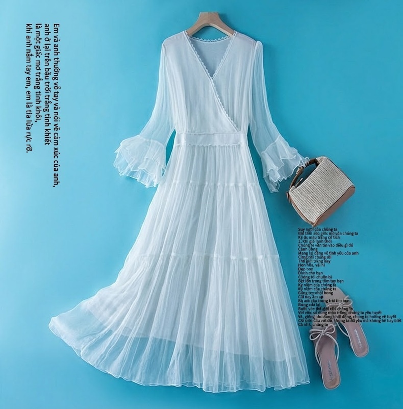 Váy Maxi Nữ Lụa Tằm Tơ Thắt Eo Tay Loe Đi Biển Mùa Hè Màu Trắng, Đỏ, Đen, Hồng chi tiết 1