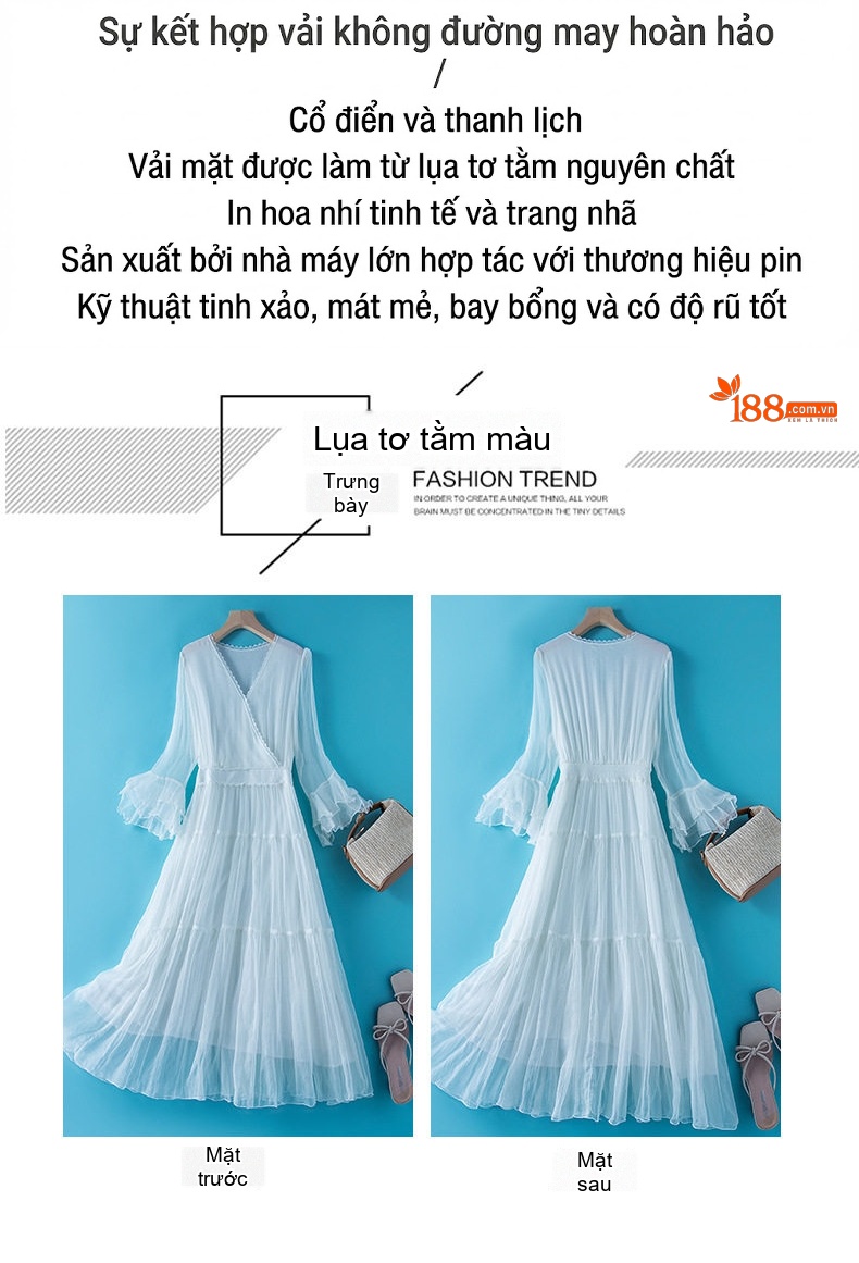 Váy Maxi Nữ Lụa Tằm Tơ Thắt Eo Tay Loe Đi Biển Mùa Hè Màu Trắng, Đỏ, Đen, Hồng chi tiết 3