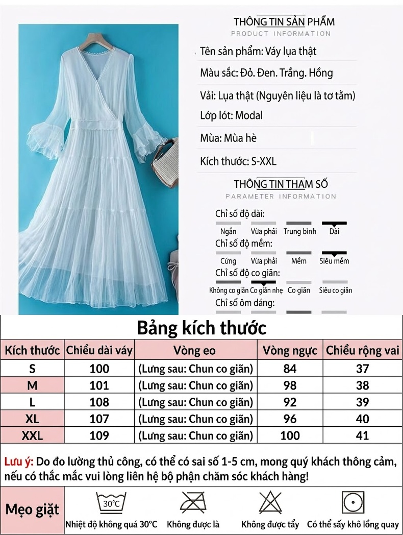Váy Maxi Nữ Lụa Tằm Tơ Thắt Eo Tay Loe Đi Biển Mùa Hè Màu Trắng, Đỏ, Đen, Hồng chi tiết 5