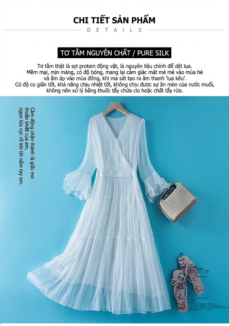 Váy Maxi Nữ Lụa Tằm Tơ Thắt Eo Tay Loe Đi Biển Mùa Hè Màu Trắng, Đỏ, Đen, Hồng chi tiết 6
