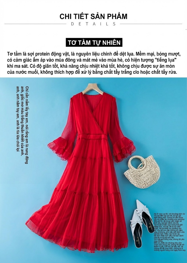 Váy Maxi Nữ Lụa Tằm Tơ Thắt Eo Tay Loe Đi Biển Mùa Hè Màu Trắng, Đỏ, Đen, Hồng chi tiết 11