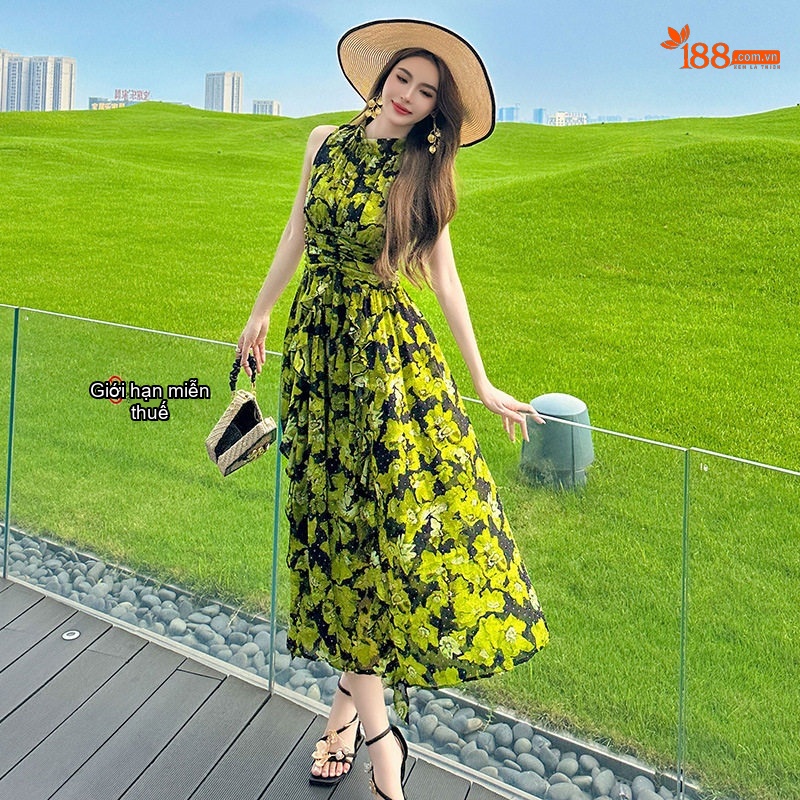 Váy Maxi Nữ Sát Nách Họa Tiết Hoa Nhỏ Thắt Eo Phong Cách Pháp Màu Xanh Lá, Đen