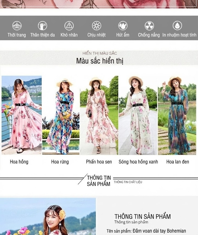Váy Maxi Nữ Tay Dài Chiffon Họa Tiết Hoa Phong Cách Bohemian chi tiết 5