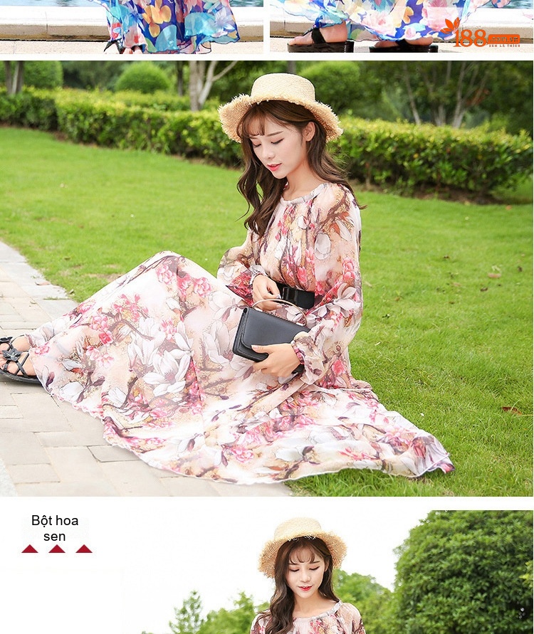 Váy Maxi Nữ Tay Dài Chiffon Họa Tiết Hoa Phong Cách Bohemian chi tiết 11