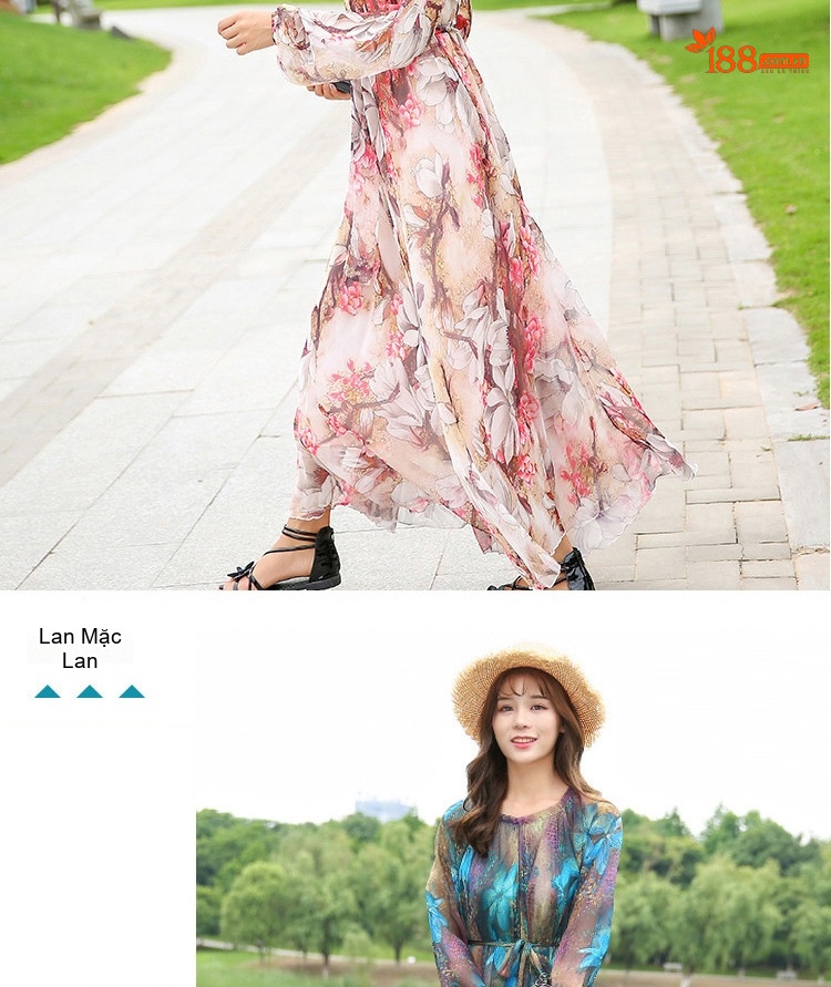 Váy Maxi Nữ Tay Dài Chiffon Họa Tiết Hoa Phong Cách Bohemian chi tiết 13