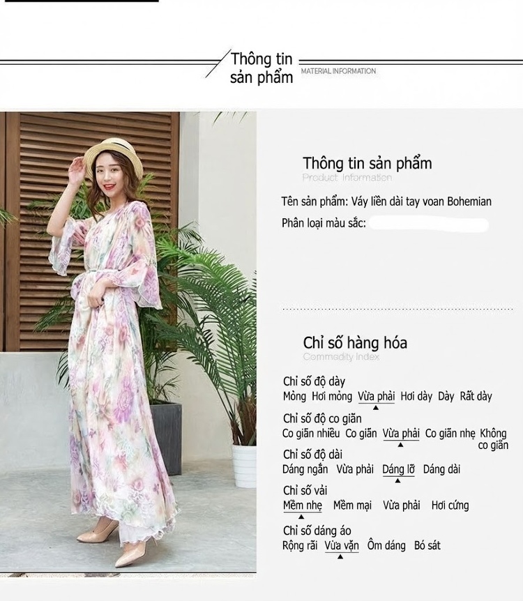 Váy Maxi Nữ Tay Loe Cổ chữ V Chữ Chất Liệu Voan Họa Tiết Bohemian chi tiết 3