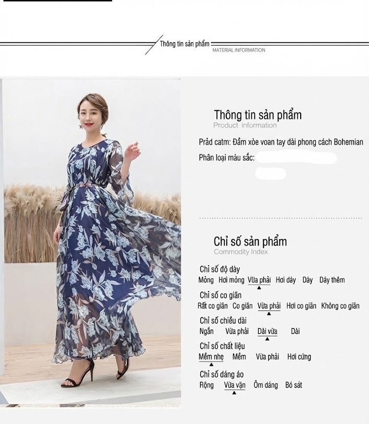 Váy Maxi Nữ Tay Loe Cổ Điển Họa Tiết Bohemia Chiết Eo Chất Liệu Voan Màu Xanh Navy chi tiết 3