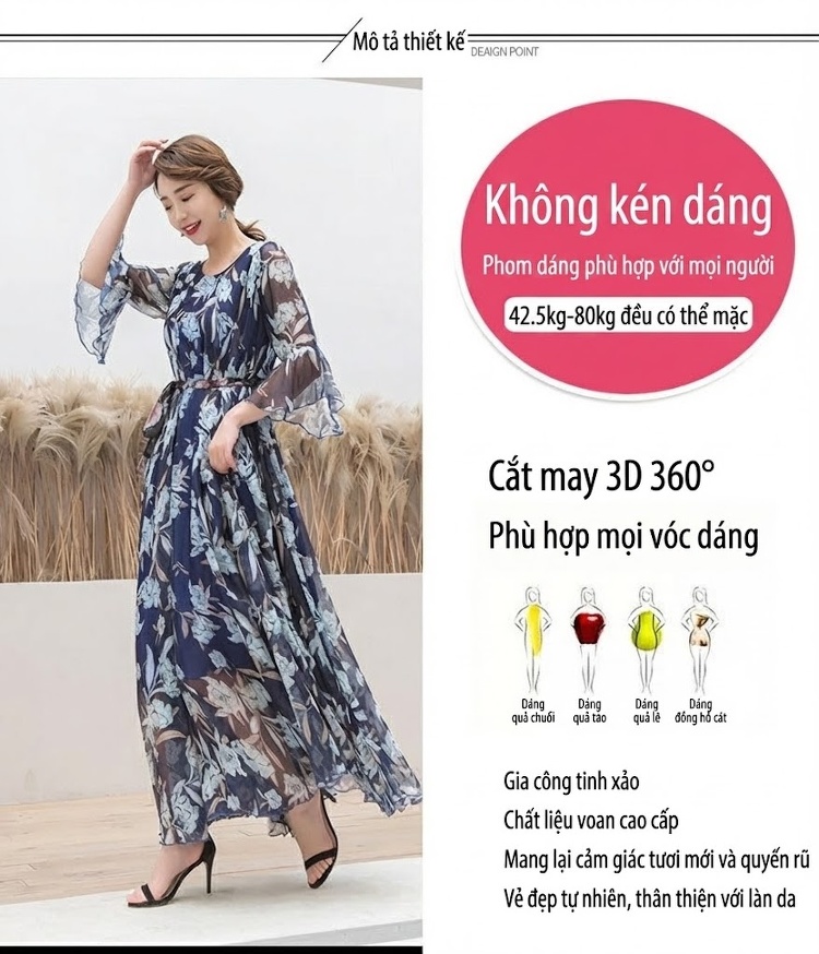 Váy Maxi Nữ Tay Loe Cổ Điển Họa Tiết Bohemia Chiết Eo Chất Liệu Voan Màu Xanh Navy chi tiết 2