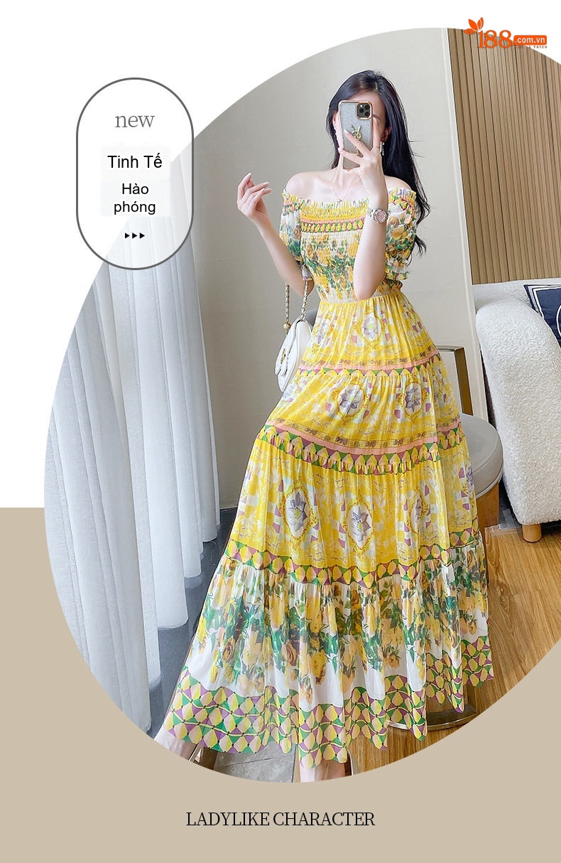 Váy Maxi Nữ Tay Ngắn Họa Tiết Hoa Nhí Cổ Trễ Vai Chất Liệu Voan Lưới Màu Vàng chi tiết 3